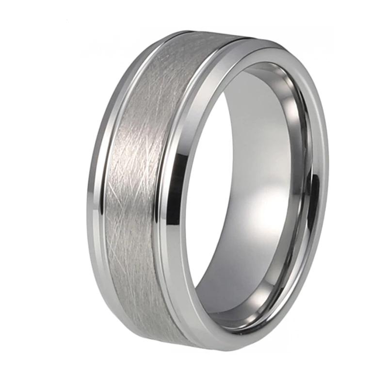 Silver Double Grooved Tungsten Ring with Satin Finish and Beveled Edges