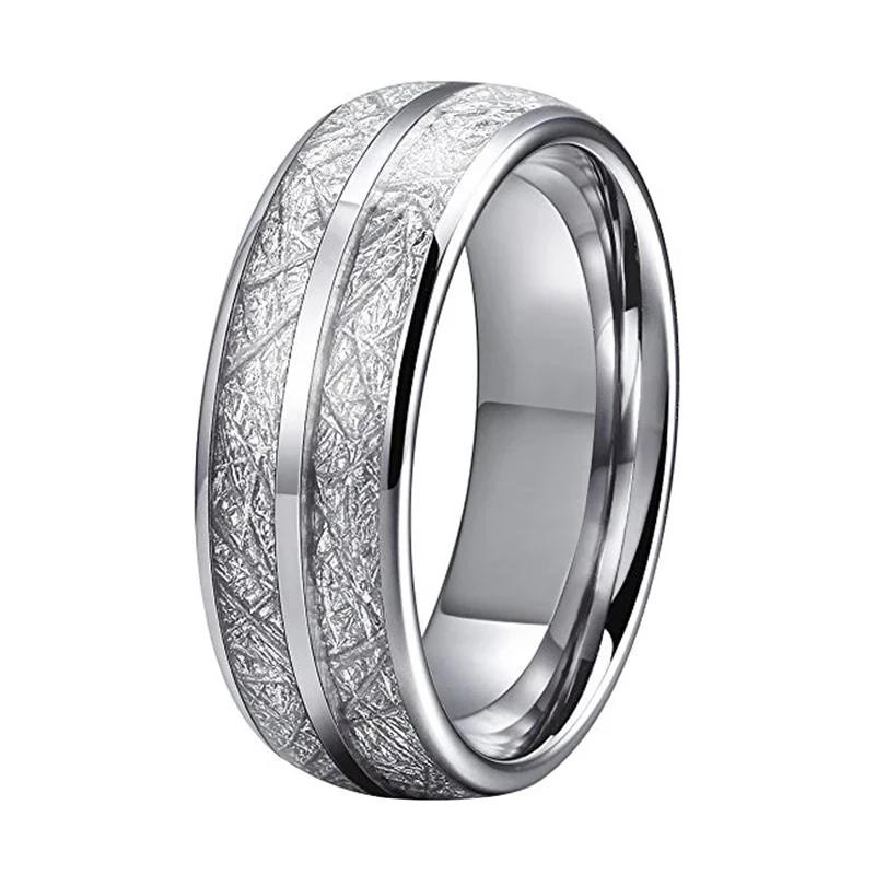 Silver Tungsten Ring with White Meteorite Inlay
