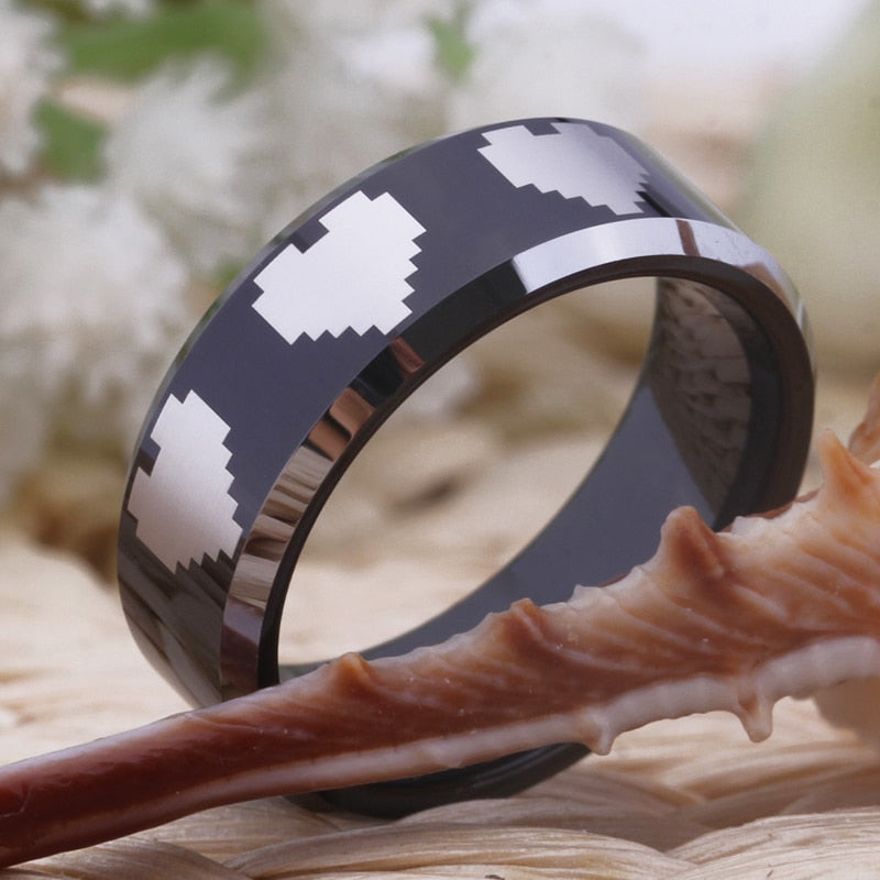 Heart Design Black Wedding Band with Silver Edges in 8mm Width