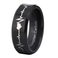 Black Heart Beat Design Tungsten Ring with Bevel Edges