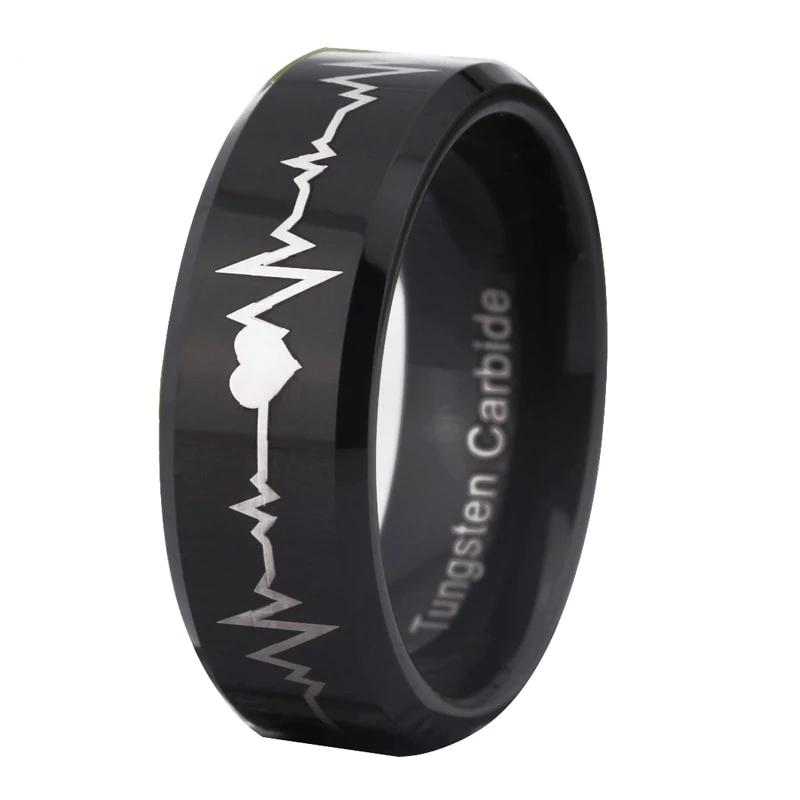 Black Heart Beat Design Tungsten Ring with Bevel Edges
