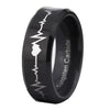 Black Heart Beat Design Tungsten Ring with Bevel Edges