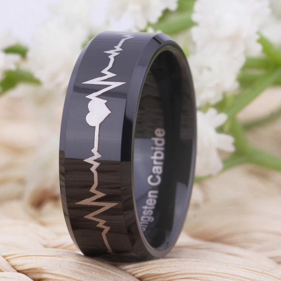 Black Heart Beat Design Wedding Band with Bevel Edges