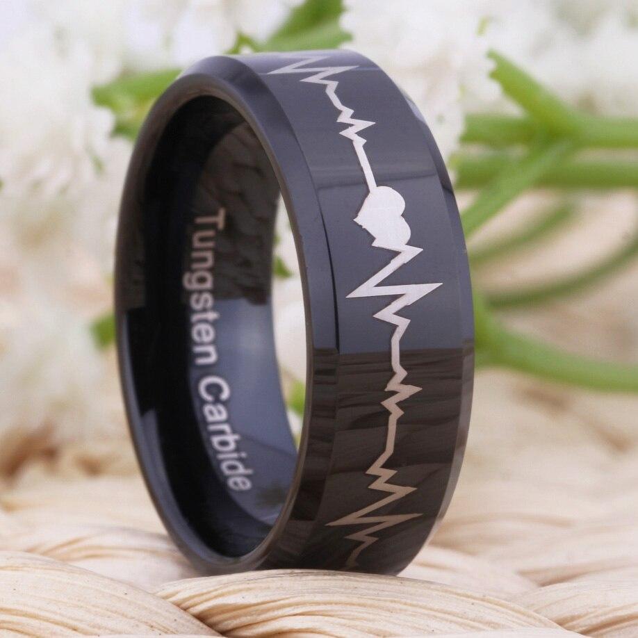 Black Heart Beat Design Tungsten Ring with Bevel Edges