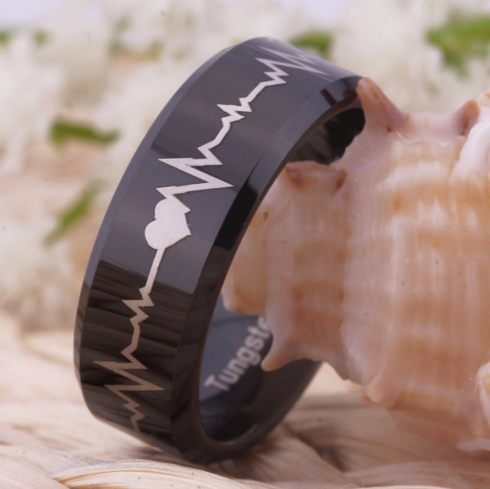 Black Heart Beat Design Tungsten Ring with Bevel Edges in 8mm Width