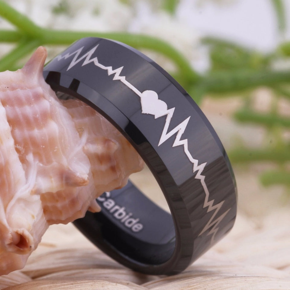 Black Heart Beat Design Wedding Band with Bevel Edges in 8mm Width