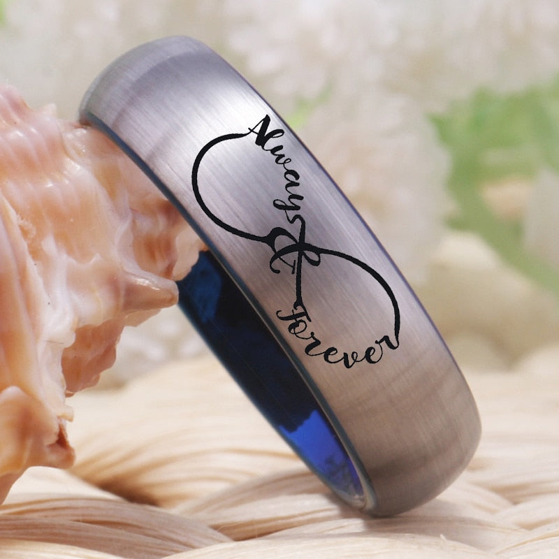 Blue Infinity Heart Always and Forever Couple Wedding Band