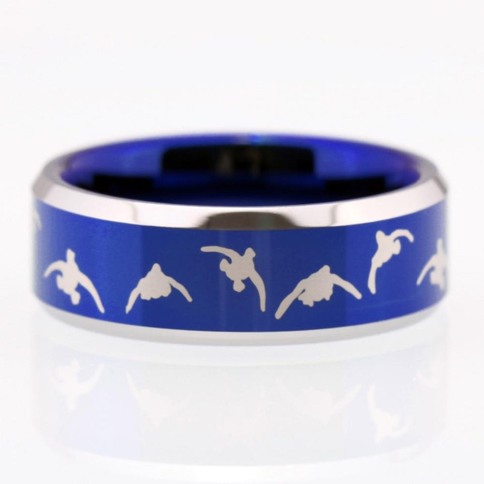 Duck Hunting Design Blue Tungsten Ring in 8mm Width