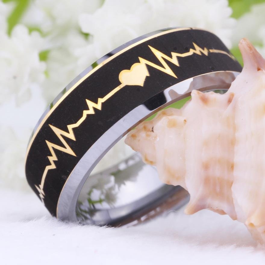 Golden Heart Beat Design Silver Tungsten Ring
