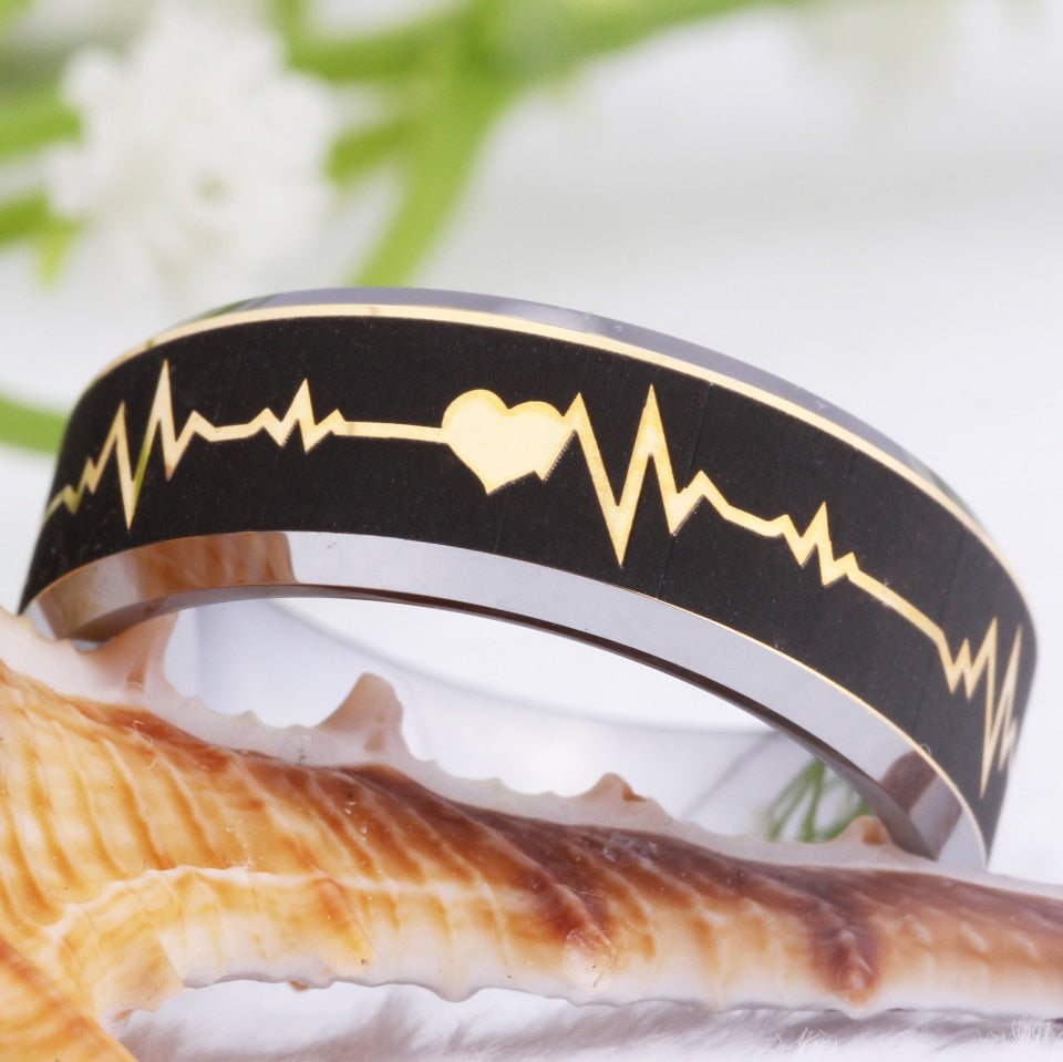 Heart Beat Design Silver Tungsten Ring in 8mm Width