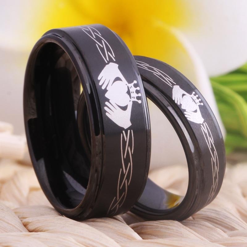 Black Classic Claddagh Design Couple Wedding Band in 8mm Width