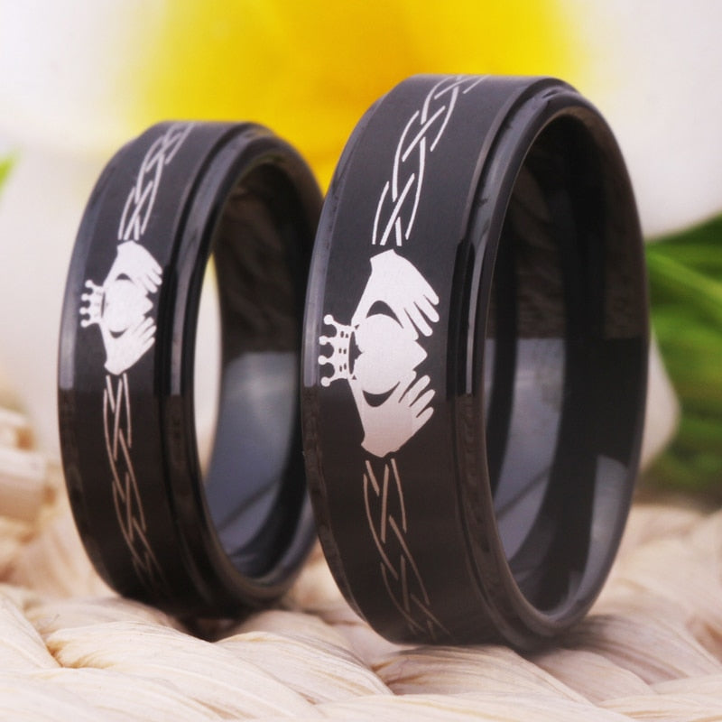 Black Classic Claddagh Design Couple Tungsten Ring in 6mm Width