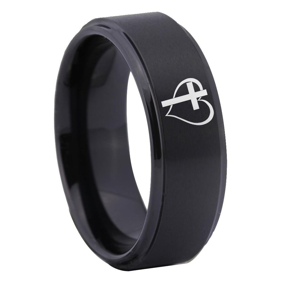 Black Cross Heart Design Wedding Band