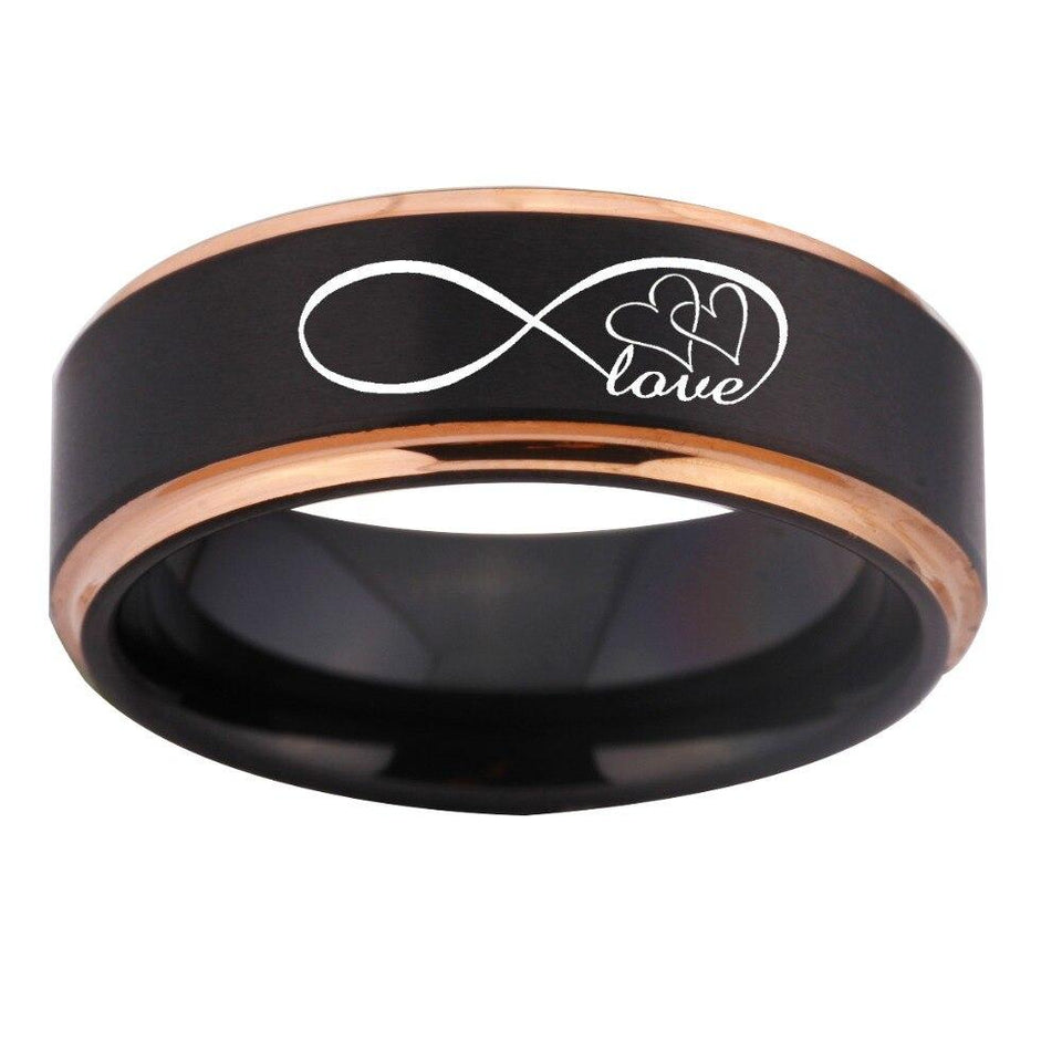 Matte Black Infinity Love Design Tungsten Ring with Rose Gold Edges in 8mm Width