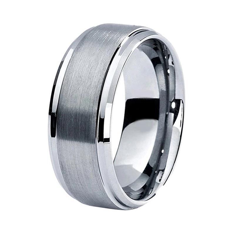 Classic Silver Tungsten Ring with Brushed Finish and Beveled Edges