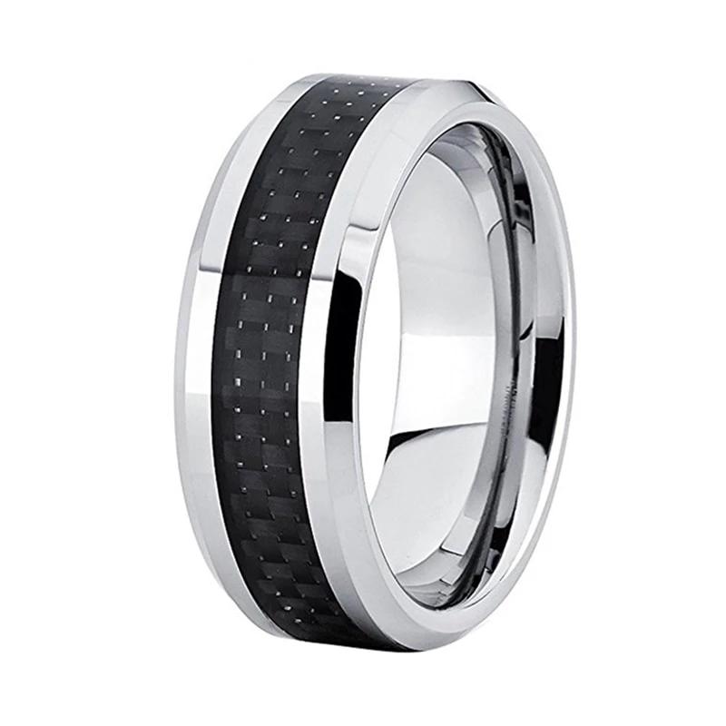 Silver Tungsten Ring with Black Carbon Fiber Inlay
