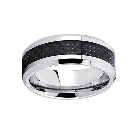 Silver Tungsten Ring with Black Carbon Fiber Inlay for Men and Women