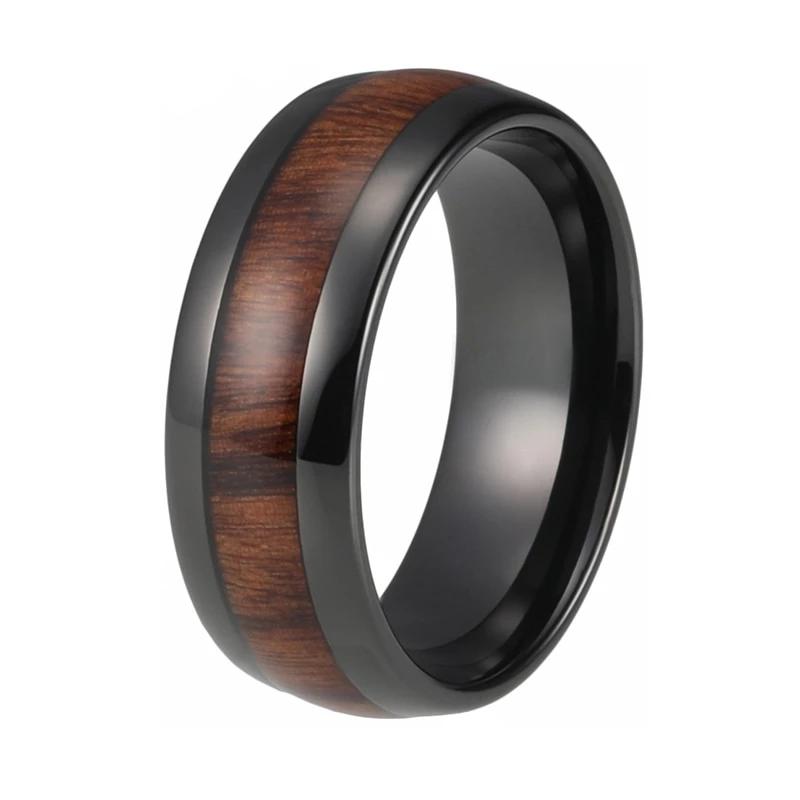 Black Tungsten Ring with Wood Inlay and Shiny Edges