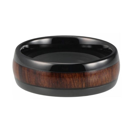 Black Tungsten Ring with Koa Wood Inlay and Shiny Beveled Edges for Men and Women