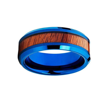 Blue Tungsten Ring with Natural Wood Inlay and Shiny Polished Finish for Men and Women