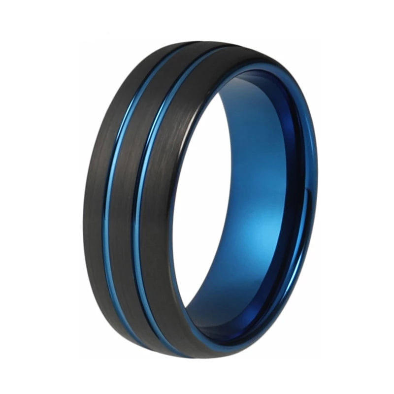 Blue Tungsten Ring with Black Multi Grooved Brushed Finish