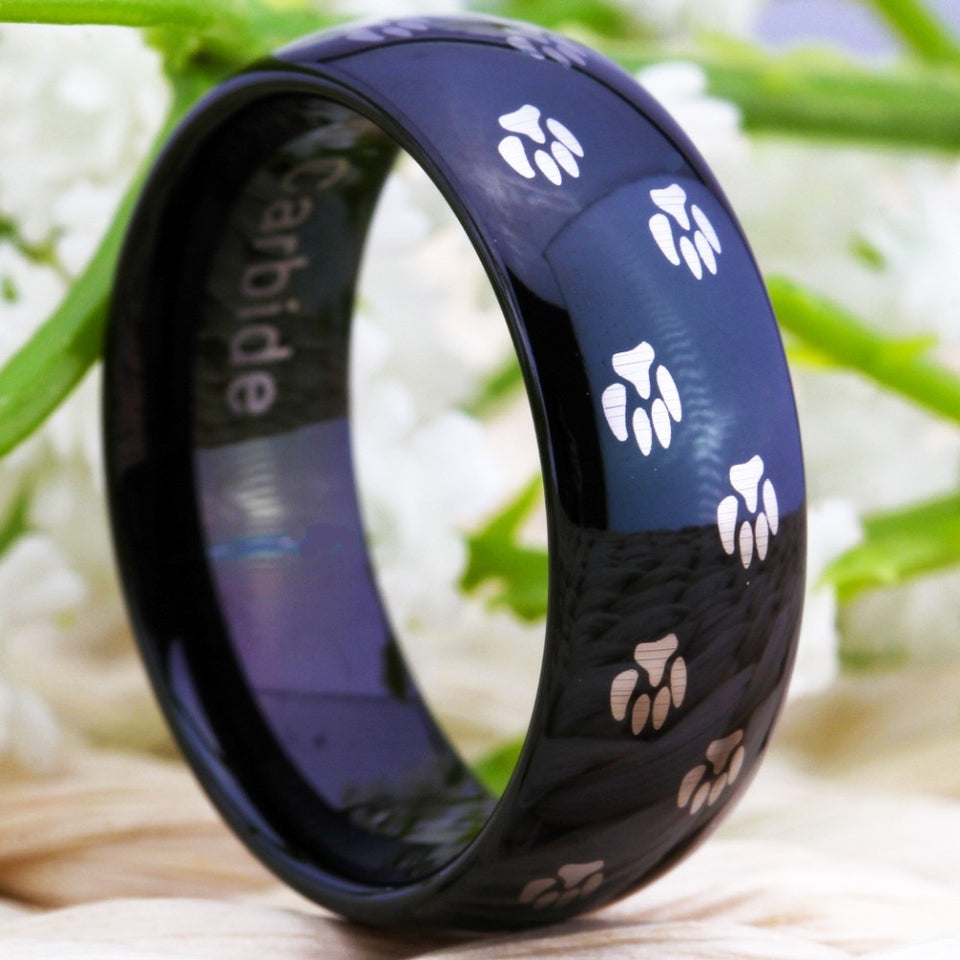 Dog Foot Paw Design Black Wedding Band