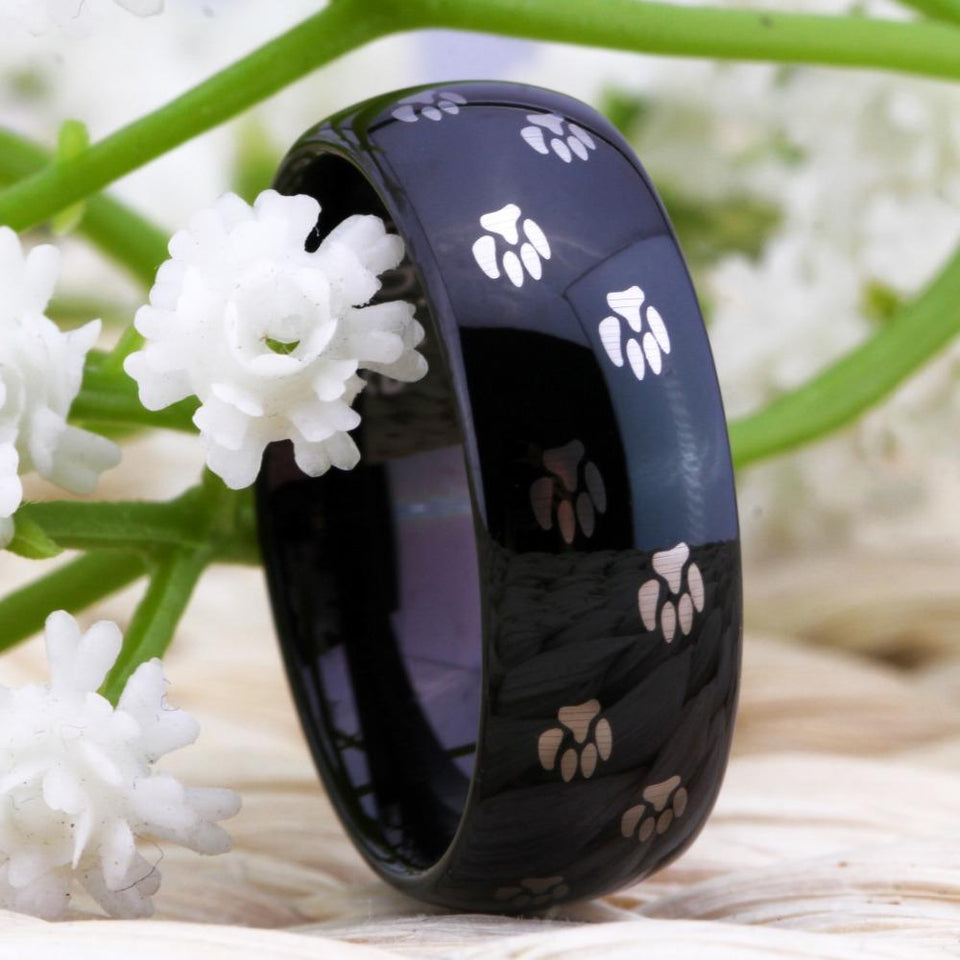 Dog Foot Paw Design Black Wedding Band in 8mm Width