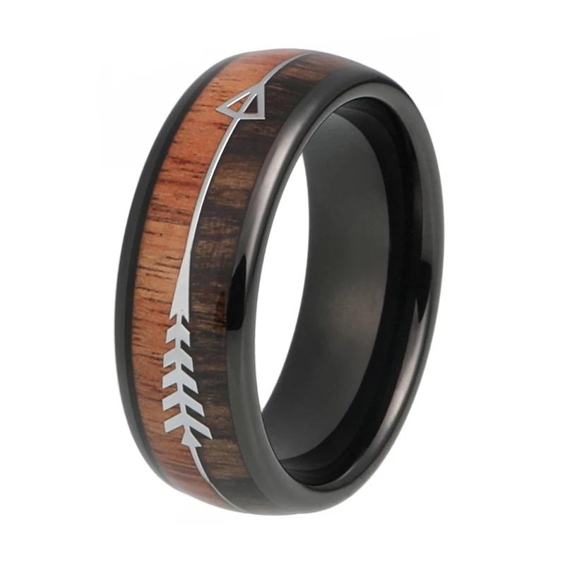Black Wedding Band with Koa Wood Inlay and Arrow