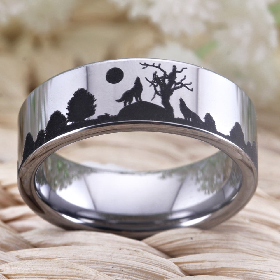 Wolf Design Tungsten Ring in Silver Color in 8mm Width