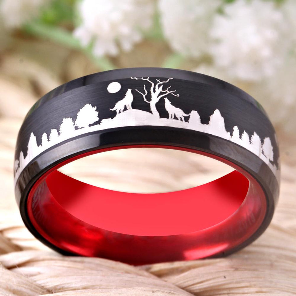 Wolf in Forest Design Red Tungsten Ring