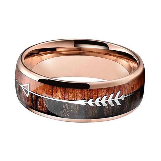 Rose Gold Wedding Band with Koa Wood Inlay and Arrow