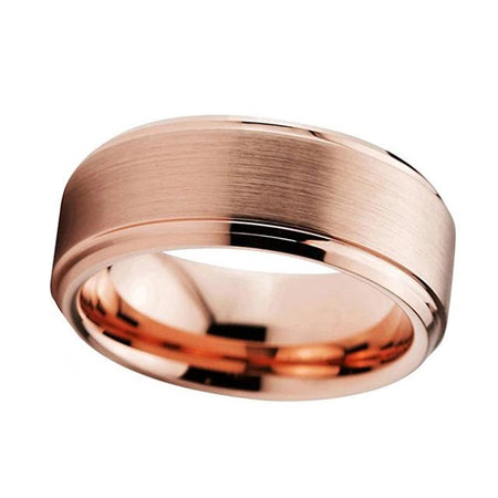 Rose Gold Tungsten Ring with Brushed Finish and Beveled Edges for Men and Women
