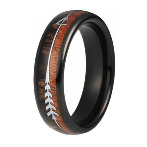Black Wedding Band with Koa Wood Inlay and Arrow in 6mm width for women
