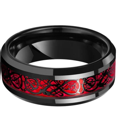 8mm Black Celtic Dragon Tungsten Ring with Red Carbon Fiber Inlay for Men and Women