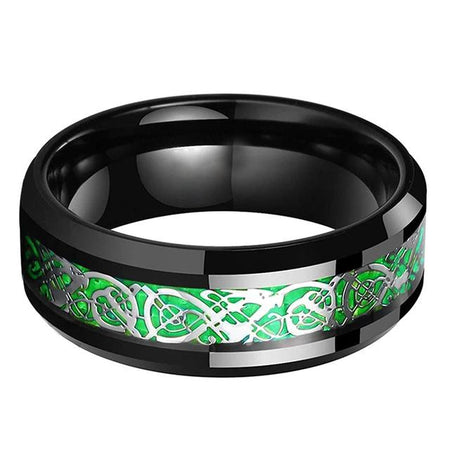 8mm Black Celtic Dragon Tungsten Ring with Green Carbon Fiber Inlay for Men and Women Wedding Band