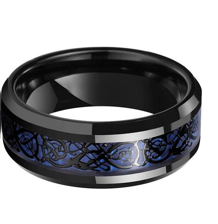 8mm Black Celtic Dragon Tungsten Ring with Blue Carbon Fiber Inlay for Men and Women Wedding Band