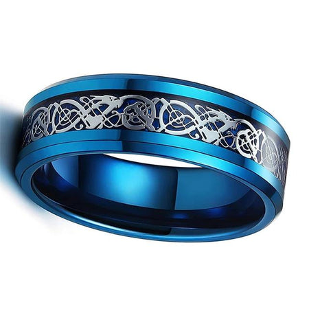 8mm Blue Celtic Dragon Tungsten Ring with White Carbon Fiber Inlay for Men and Women