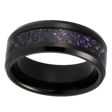 8mm Black Celtic Dragon Tungsten Ring with Purple Carbon Fiber Inlay for Men and Women
