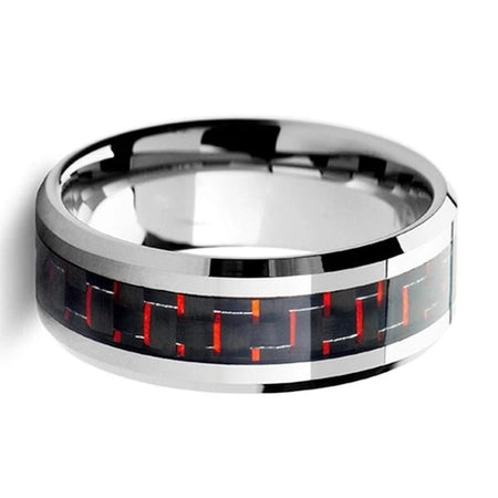 Silver Tungsten Ring with Red Carbon Fiber Inlay for Men and Women