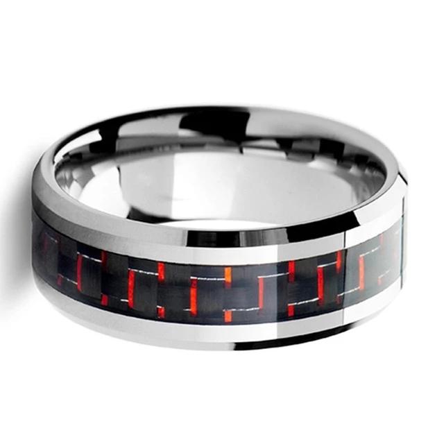 Silver Wedding Band with Red and Black Carbon Fiber Inlay