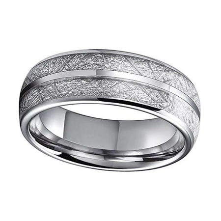 Silver Tungsten Ring with White Meteorite Inlay for Men and Women