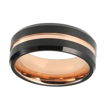 Rose Gold Tungsten Ring with Center Grooved Design and Black Plated Finish for Men and Women