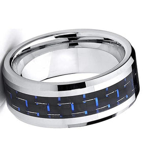 Silver Wedding Band with Blue and Black Carbon Fiber Inlay