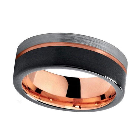 Rose Gold Tungsten Ring with Black and Silver Brushed Finish for Men and Women