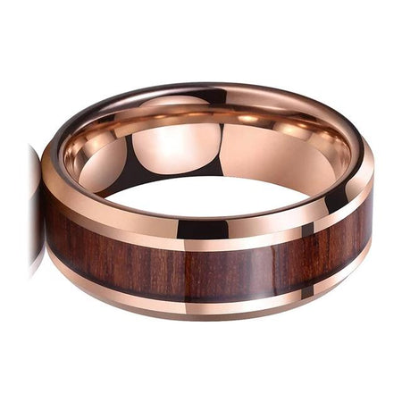 Rose Gold Tungsten Ring with Wood Inlay and Shiny Beveled Edges for Men and Women
