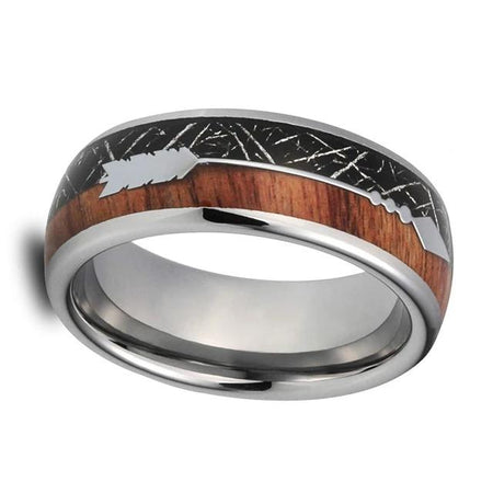 Silver Tungsten Ring with Wood and Black Meteorite Inlay in Arrow Design for Men and Women