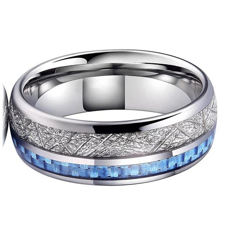 Silver Tungsten Ring with White Meteorite and Blue Carbon Fiber Inlay for Men and Women