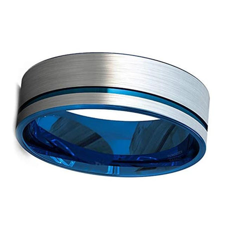 Blue Tungsten Ring with Silver Brushed Finish and Offset Groove for Men and Women