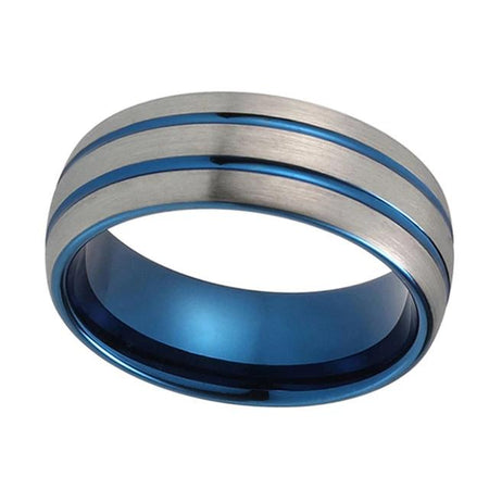 Blue Tungsten Ring with Silver Brushed Finish and Double Grooves for Men and Women