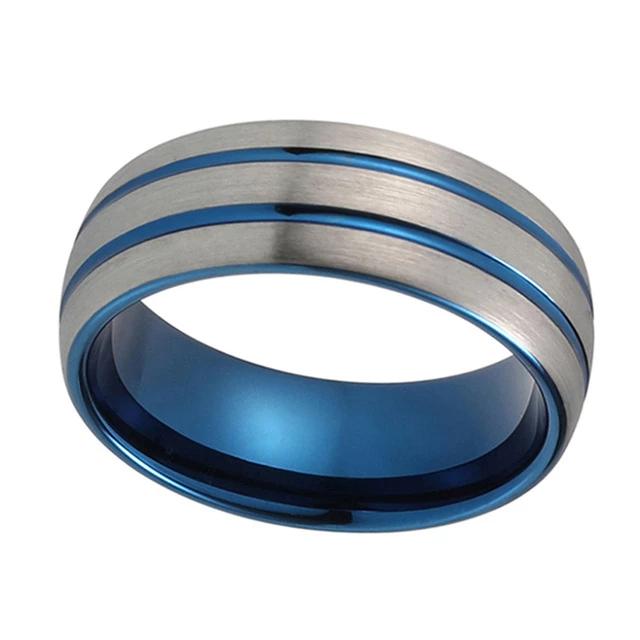 Blue Wedding Band with Multi Grooved Brushed Silver Finish